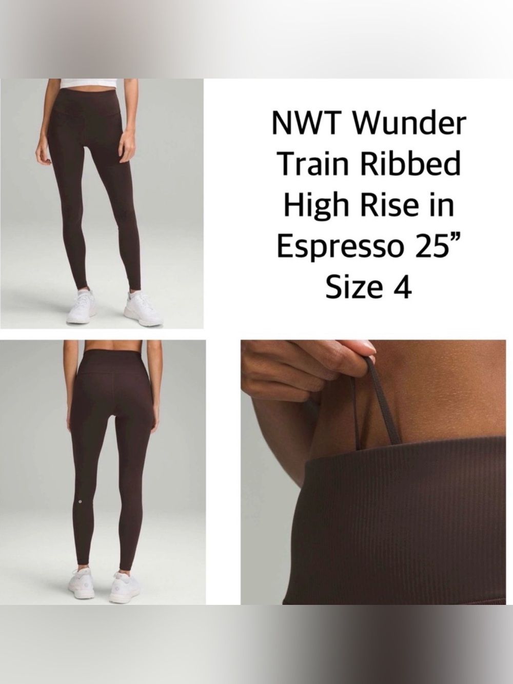 NWT Lululemon Wunder Train Ribbed High-Rise Leggings in Espresso 25” Size 4